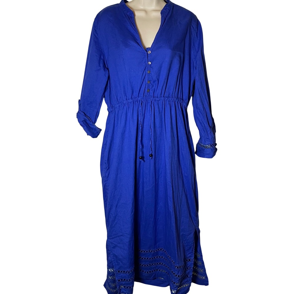 Tahari Womens Royal Blue 100% Linen Eyelet Hem Drawstring Maxi Dress Large